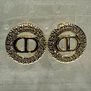 CD Gold Crystal Round Logo Stud Earrings
